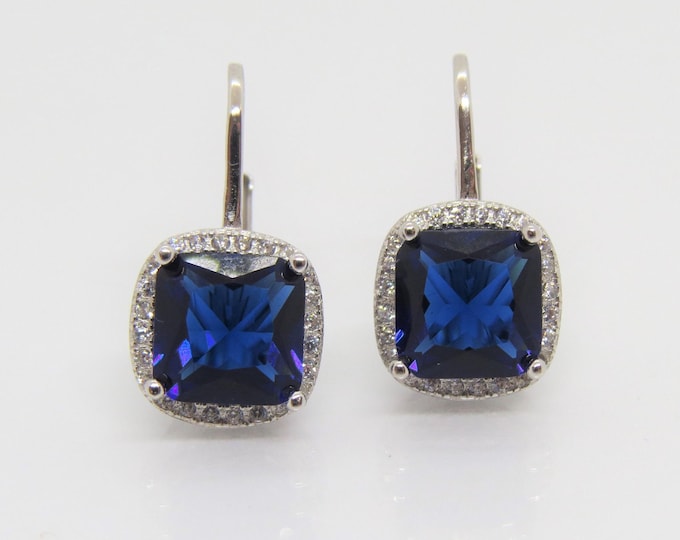 Vintage Sterling Silver Cushion cut Blue Sapphire & White Topaz Earrings
