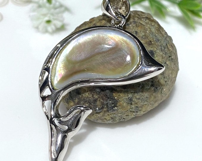 Vintage Sterling Silver Mother of Pearl Dolphin Pendant.