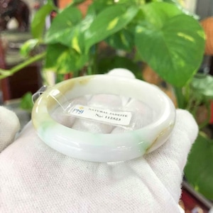 Translucent Natural Green White, Honey Jadeite Jade Vintage Bangle Bracelet 51.9MM