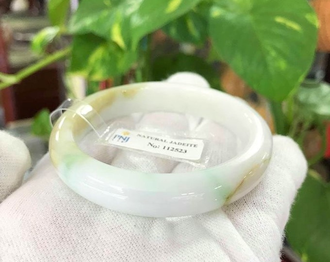 Translucent Natural Green White, Honey Jadeite Jade Vintage Bangle Bracelet 51.9MM