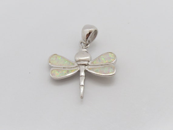 Vintage Sterling Silver White Opal Dragonfly Pend… - image 3