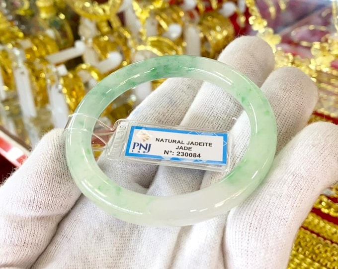 Vintage Translucent Natural Green & White Jadeite Jade Bangle Bracelet 55.3MM