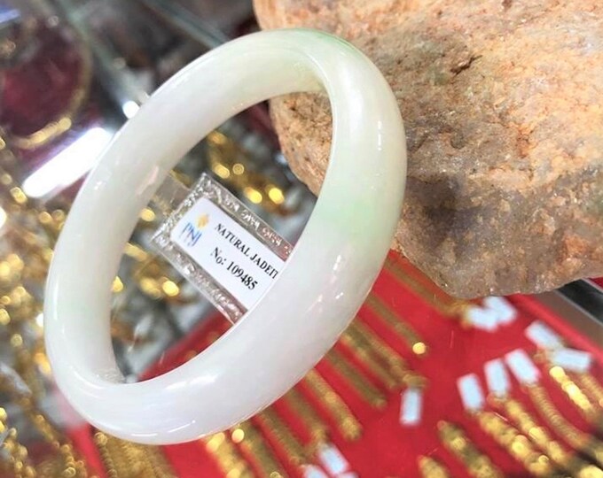 Vintage Translucent Natural Light Green, White Jadeite Jade Bangle Bracelet 59MM