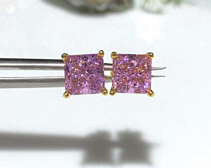 Vintage 15K 610 Solid Yellow Gold Princess cut Pink Sapphire 3.92ct Stud Earrings 7MM