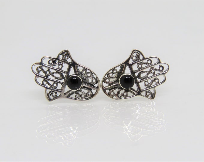 Vintage Sterling Silver Black Onyx Hamsa Hand Earrings