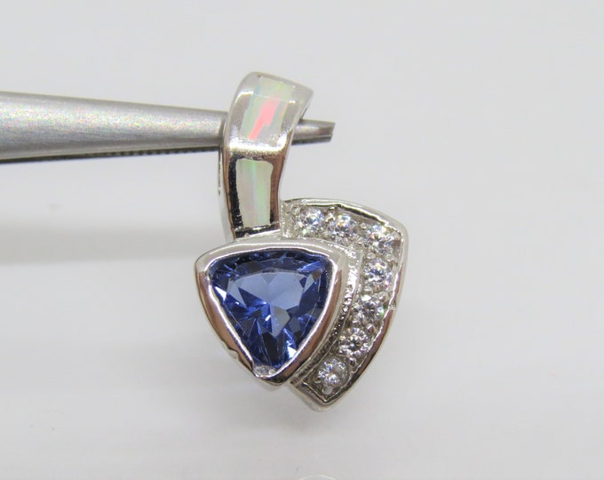 Vintage Sterling Silver Triangle Tanzanite, White Opal & White Topaz Pendant