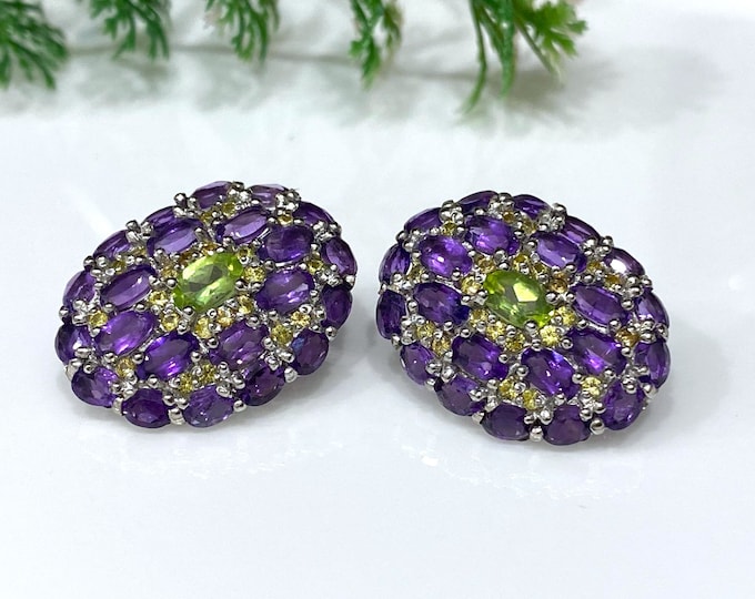 Vintage Sterling Silver Natural Yellow Sapphire, Amethyst & Peridot Earrings.