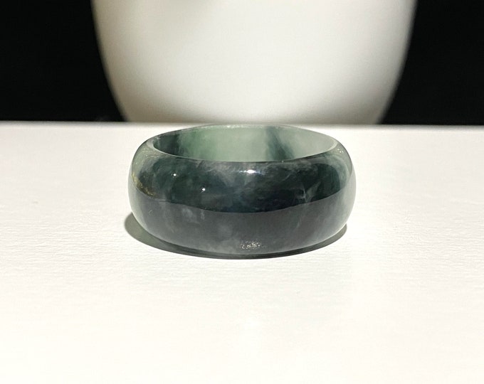 Translucent Dark Green, White Jadeite Jade Vintage Unisex Band Ring Size 9.75