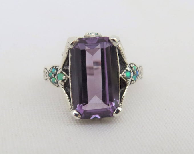 Vintage Sterling Silver Alexandrite & Green Opal Ring Size 10