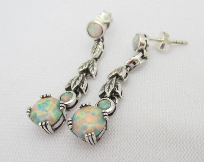 Vintage Sterling Silver White Opal Leaf Earrings