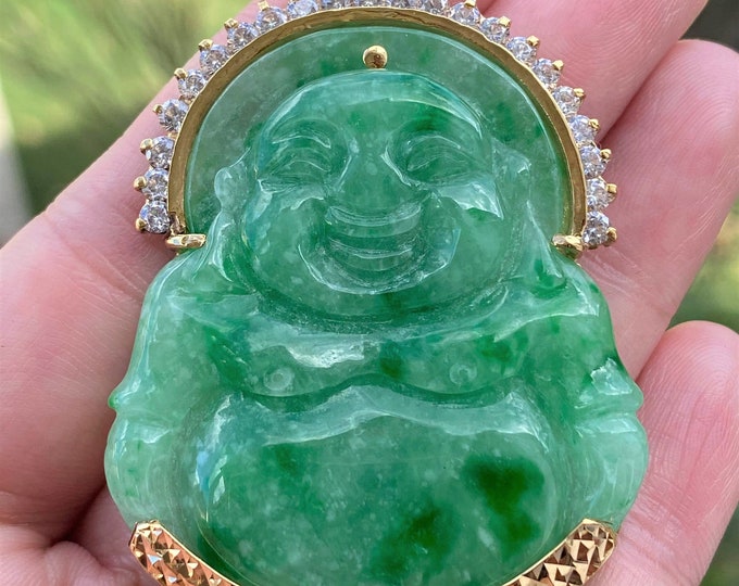Vintage 18K Solid Yellow Gold Green Jadeite Jade, White Topaz Laughing Buddha Pendant Phat Di Lac
