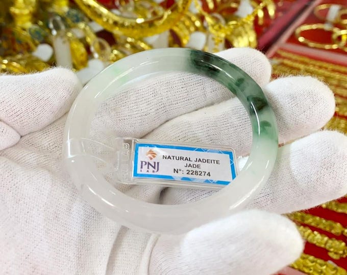 Vintage Translucent Natural Dark Green, White Jadeite Jade Bangle Bracelet 55.7MM