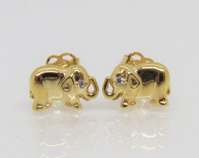 Vintage 14K Solid Yellow Gold White Topaz Elephant Earrings