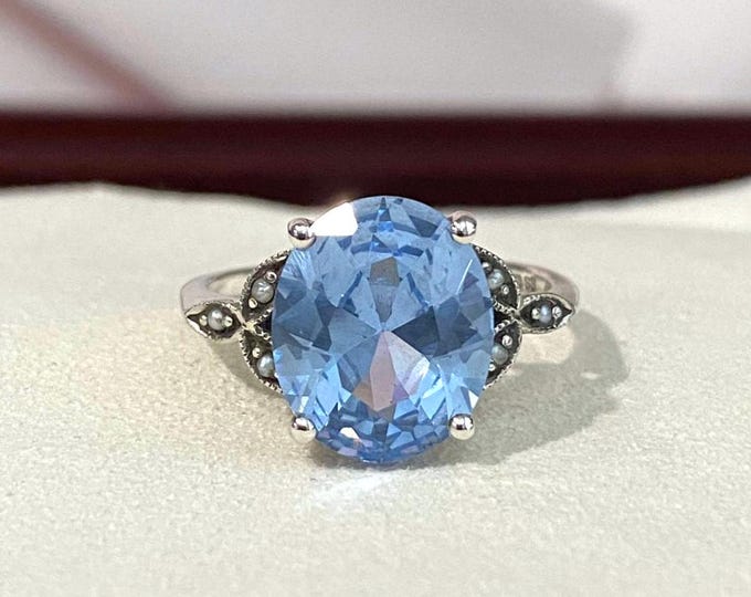 Sterling Silver Aquamarine & Seed Pearl Ring Size 8