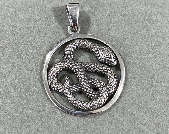 Vintage Sterling Silver Coiled Snake Charm Pendant.