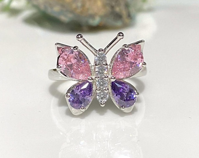 Vintage Sterling Silver Pink Sapphire, Amethyst & White Topaz Butterfly Ring.