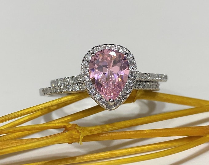 Vintage Sterling Silver Pink Sapphire, White Topaz Engagement Ring Set.