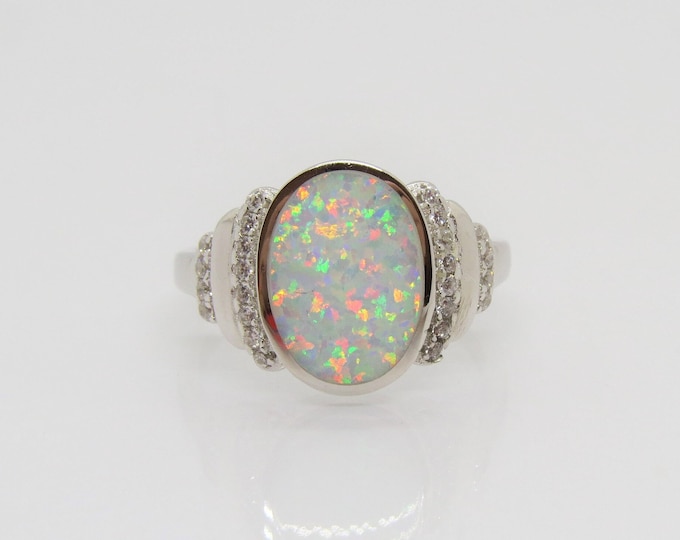 Vintage Sterling Silver White Opal & White Topaz Engagement Ring Size 8