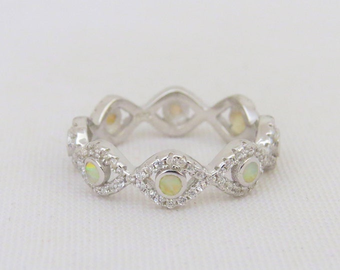 Vintage Sterling Silver Fire Opal & White Topaz Twisted Band Ring Size 7.5