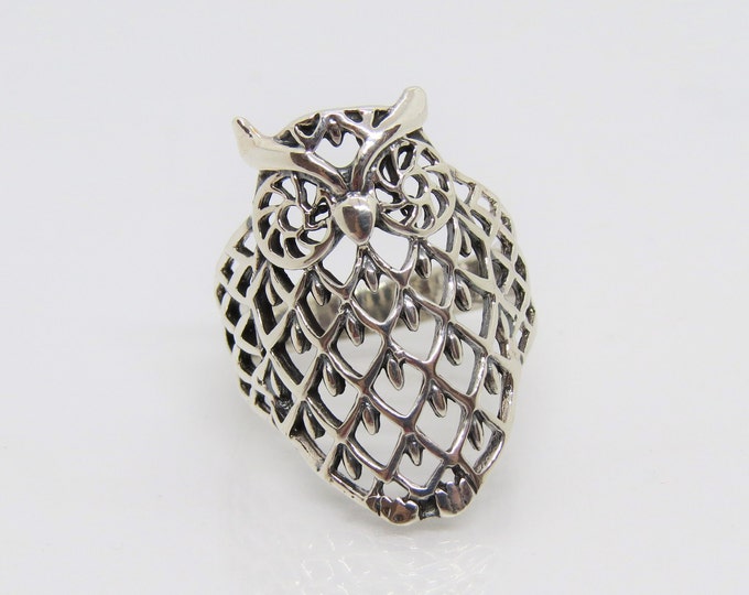Vintage Sterling Silver Owl Filigree Ring Size 8