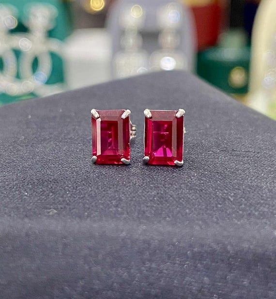 Vintage 14K Solid White Gold Rectangular Ruby Ear… - image 5