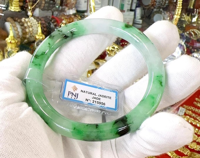 Vintage Translucent Natural Green, White & Black Jadeite Jade Bangle Bracelet 62.7MM