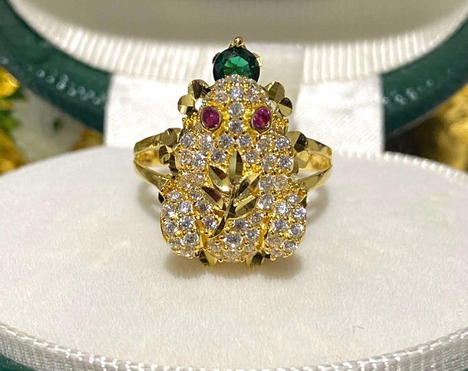 Vintage 15K 610 Solid Yellow Gold Ruby, Emerald & White Topaz Ruby Eye's Frog Ring Size 7
