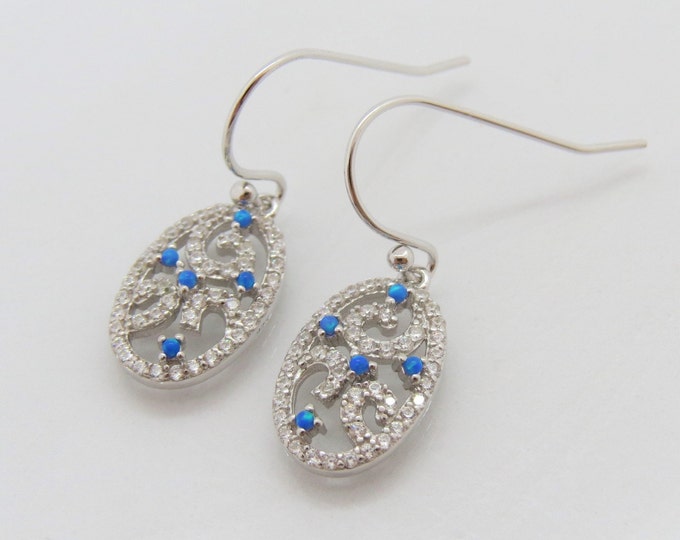 Vintage Sterling Silver Blue Opal & White Topaz Dangle Earrings