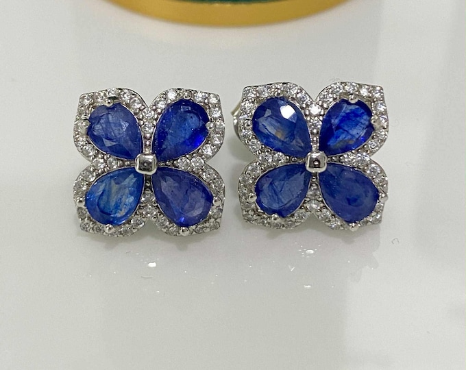 Vintage Sterling Silver Pear cut Natural Blue Sapphire & White Topaz Earrings.