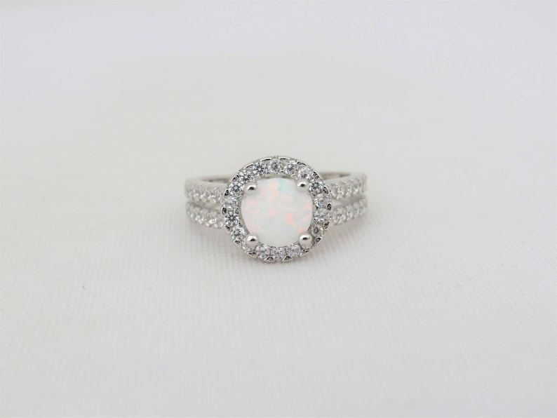 Vintage Sterling Silver White Opal /& White Topaz Halo Engagement Ring Size 8