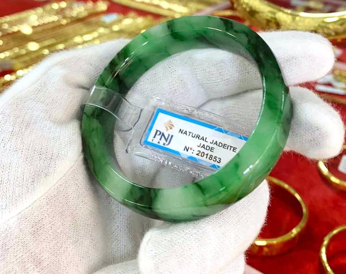 Vintage Translucent Natural Green, White, Black Jadeite Jade Bangle Bracelet 54.2MM