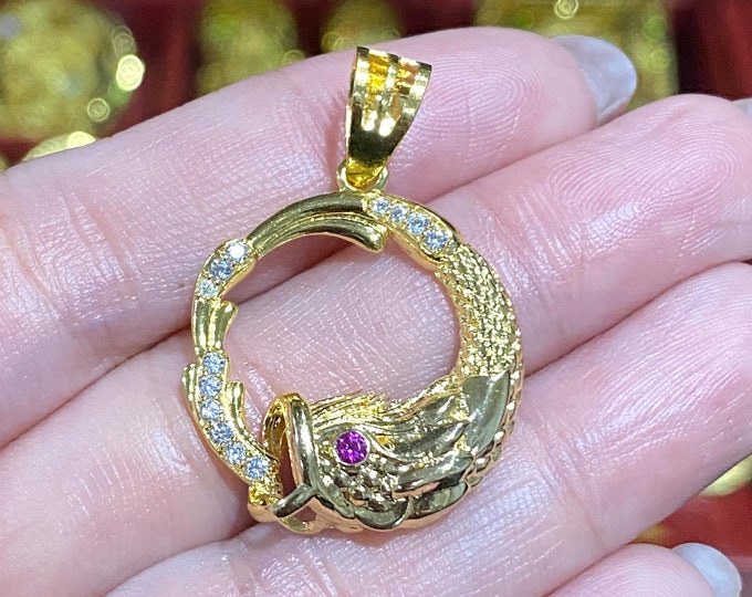 Vintage 15K 610 Solid Yellow Gold Fish White Topaz & Ruby on Eye Pendant.