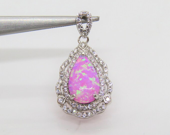 Vintage Sterling Silver Pear cut Pink Opal & White Topaz Pendant