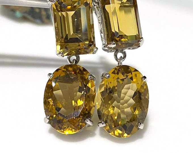 Vintage Sterling Silver Natural 46ct Citrine Dangle Drop Earrings.