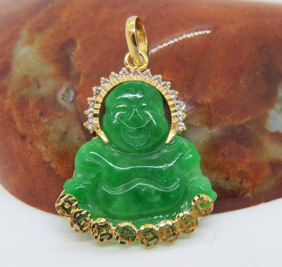 Vintage Buddha Pendant 14k Gold Yellow Gold White Green Jade Buddha Zen Peace Love Happy Buddha Carved Buddha Yoga Hong Kong Not Jadeite WOW