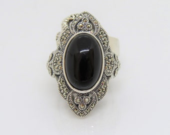 Vintage Sterling Silver Black Onyx & Marcasite Dome Ring Size 10