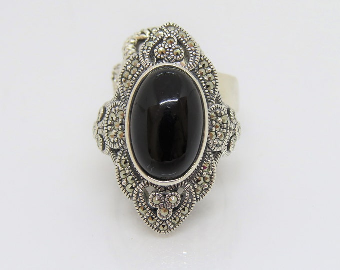 Vintage Sterling Silver Black Onyx & Marcasite Dome Ring Size 9