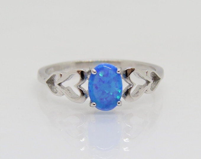 Vintage Sterling Silver Oval Blue Opal Hearts Ring Size 7