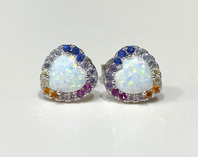Vintage Sterling Silver White Opal & Mixed Gemstone Heart Earrings.