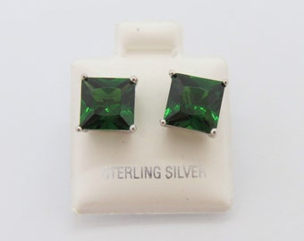 Vintage Sterling Silver Square cut Emerald Stud Earrings 7MM