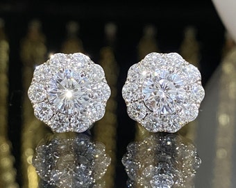 Vintage 18K White Gold 3.37ct Round Cut Diamond Halo Earrings.