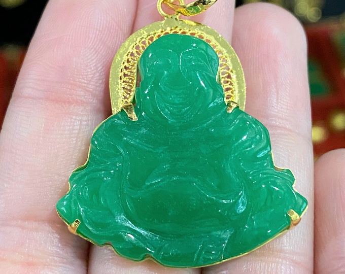 Vintage 24K 980 Solid Gold Green Jadeite Jade Laughing Buddha, Happy Buddha Pendant.