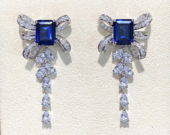 Vintage Sterling Silver Blue Sapphire & White Topaz Dangle Earrings.