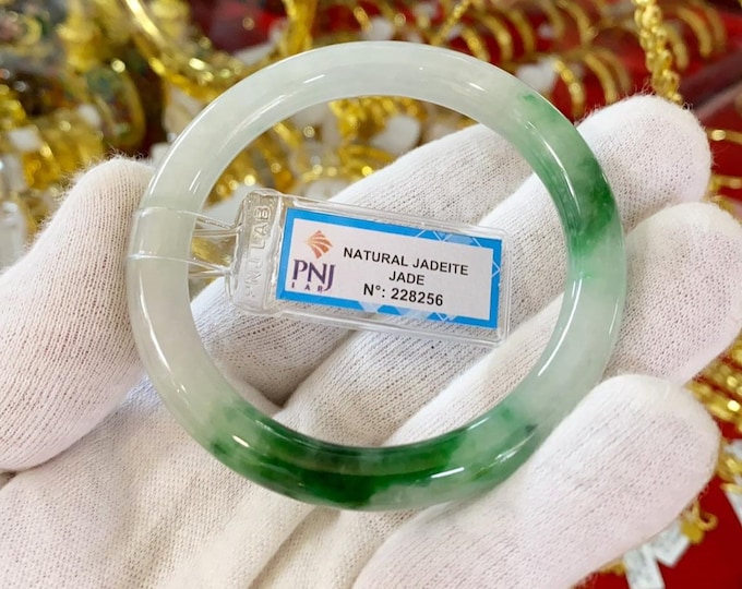 Vintage Translucent Natural Green, White Jadeite Jade Bangle Bracelet 55.8MM