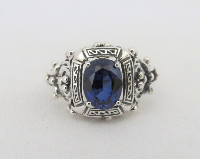 Sterling Silver Oval Blue Sapphire Filigree Ring Size 7