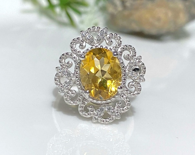 Vintage Sterling Silver Natural Citrine & White Topaz Filigree Ring Size 7