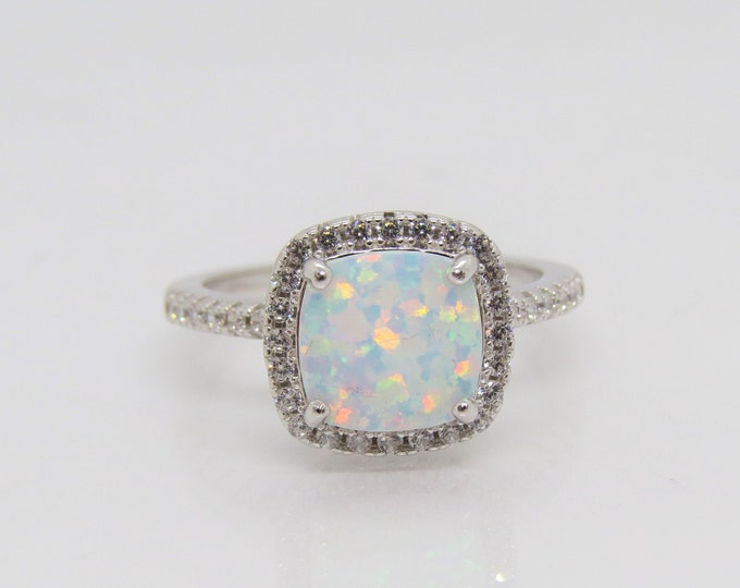 Vintage Sterling Silver Fire Opal & White Topaz Engagement Ring Size 10
