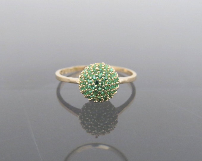 Vintage 18K Solid Yellow Gold Emerald Ball Pave Ring Size 6.5