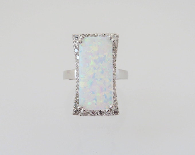 Vintage Sterling Silver White Opal & White Topaz Long Ring Size 6
