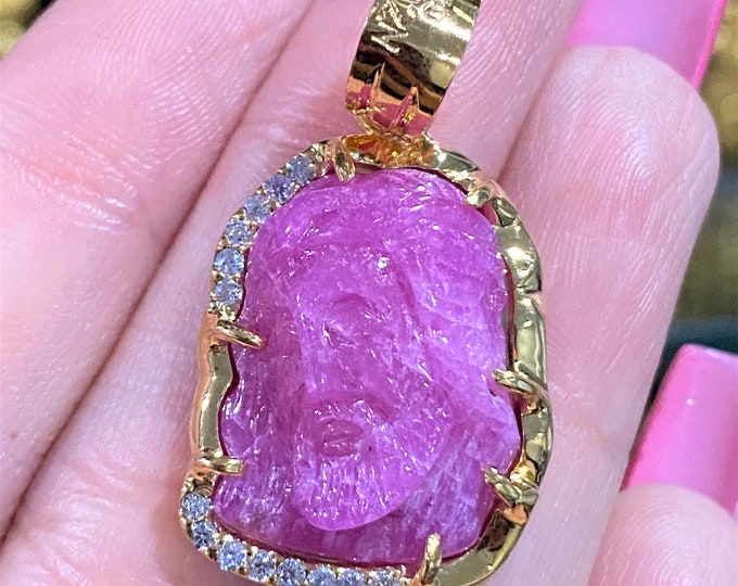 Vintage 18K Solid Yellow Gold 35cts Natural Ruby & White Topaz Jesus Pendant